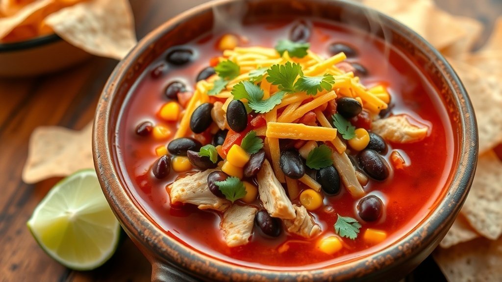 A bowl of spicy chicken enchilada soup with chicken, black beans, corn, topped with cheese and cilantro, served with tortilla chips.