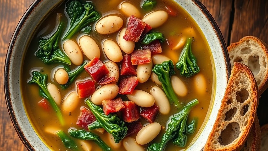 A rustic bowl of bacon, bean, and kale soup with crispy bacon, beans, and kale, accompanied by crusty bread on a wooden table.