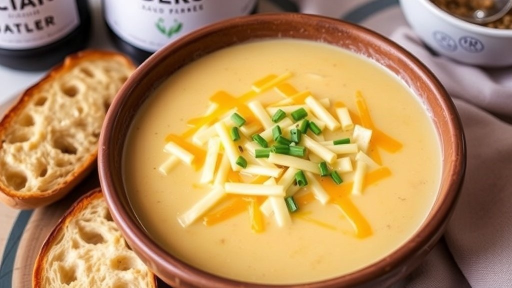 A bowl of creamy Cheddar and Cauliflower Beer Soup garnished with chives, with crusty bread on the side.