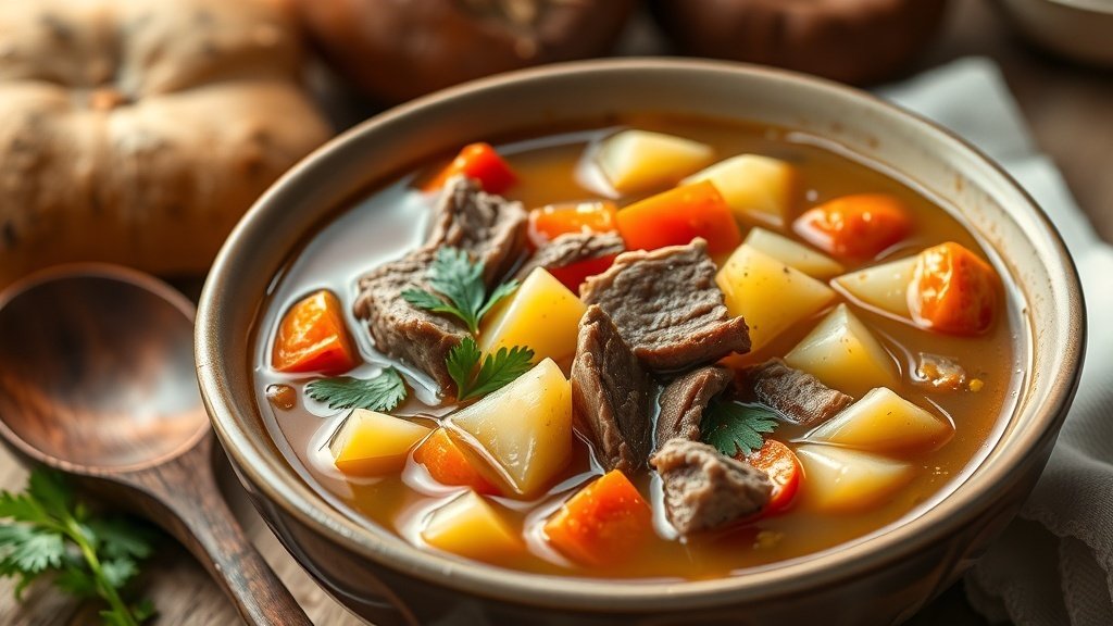 A bowl of savory duck and potato soup with duck meat, potatoes, and carrots, garnished with parsley, in a cozy kitchen setting.