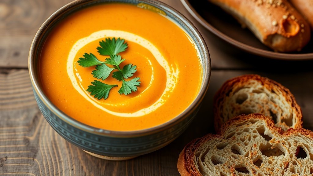 A bowl of carrot and sweet potato ginger soup garnished with cilantro, accompanied by crusty bread on a wooden table.