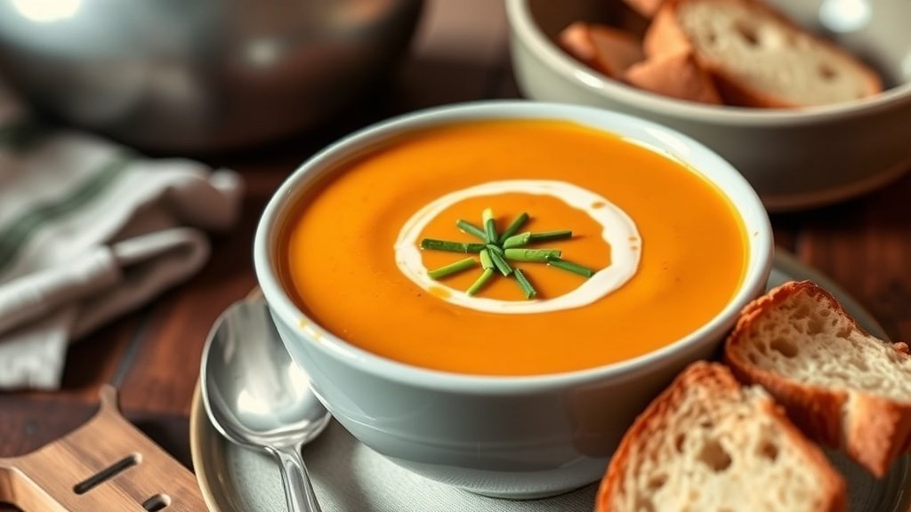 A bowl of creamy root vegetable bisque garnished with chives, accompanied by crusty bread.