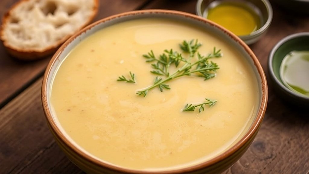 A bowl of creamy roasted fennel and apple soup garnished with herbs, served with crusty bread on a wooden table.