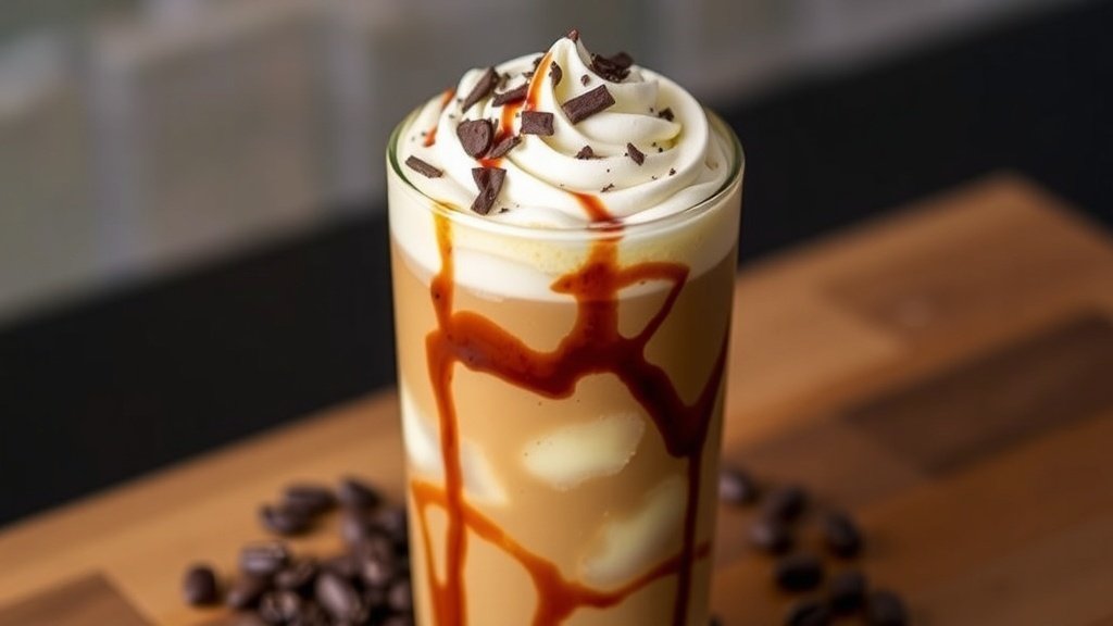 A refreshing glass of iced coffee with chocolate syrup and whipped cream, garnished with chocolate shavings.