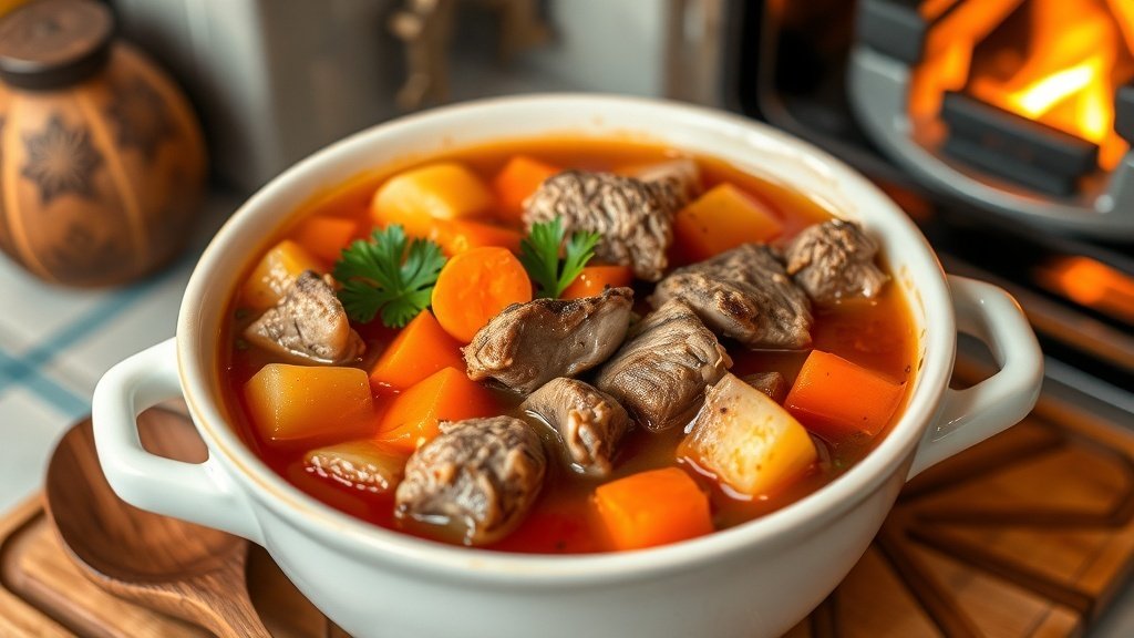 A bowl of elk stew soup with meat, carrots, and potatoes, garnished with parsley, in a warm kitchen setting.