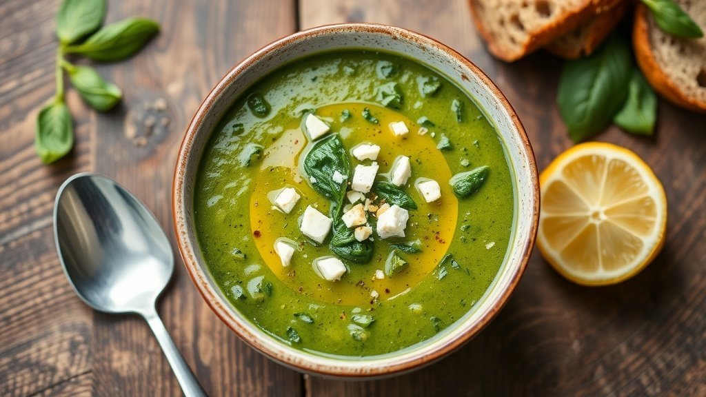 A bowl of creamy spinach and feta soup garnished with feta and lemon, served with bread on a wooden table.