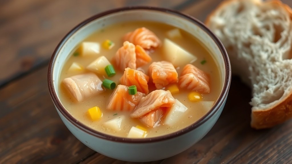 A creamy bowl of smoked salmon chowder with potatoes and corn, garnished with chives, on a wooden table with bread.