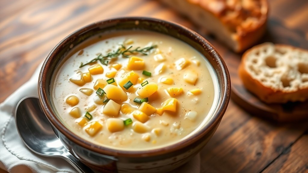 A bowl of creamy sweet corn and potato chowder garnished with thyme and chives, served with bread on a wooden table.
