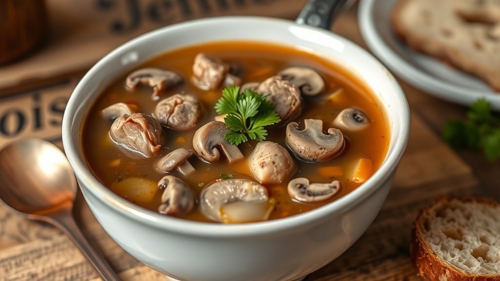 A bowl of venison and mushroom soup with tender meat and mushrooms, garnished with parsley, on a rustic table with bread.