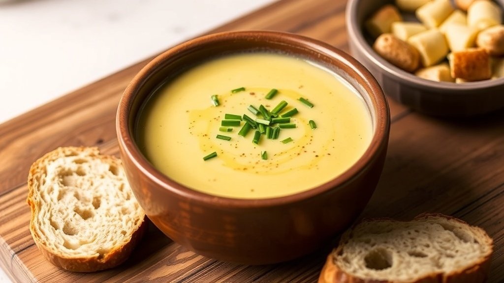 A creamy bowl of roasted garlic, leek, and potato soup garnished with chives, served with crusty bread on a wooden table.