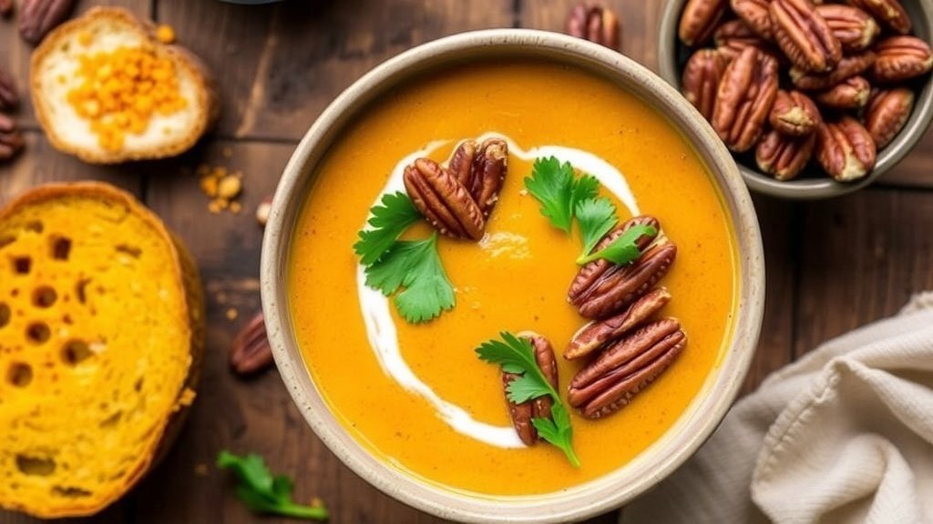 A bowl of creamy pumpkin soup with pecans and parsley on a wooden table.