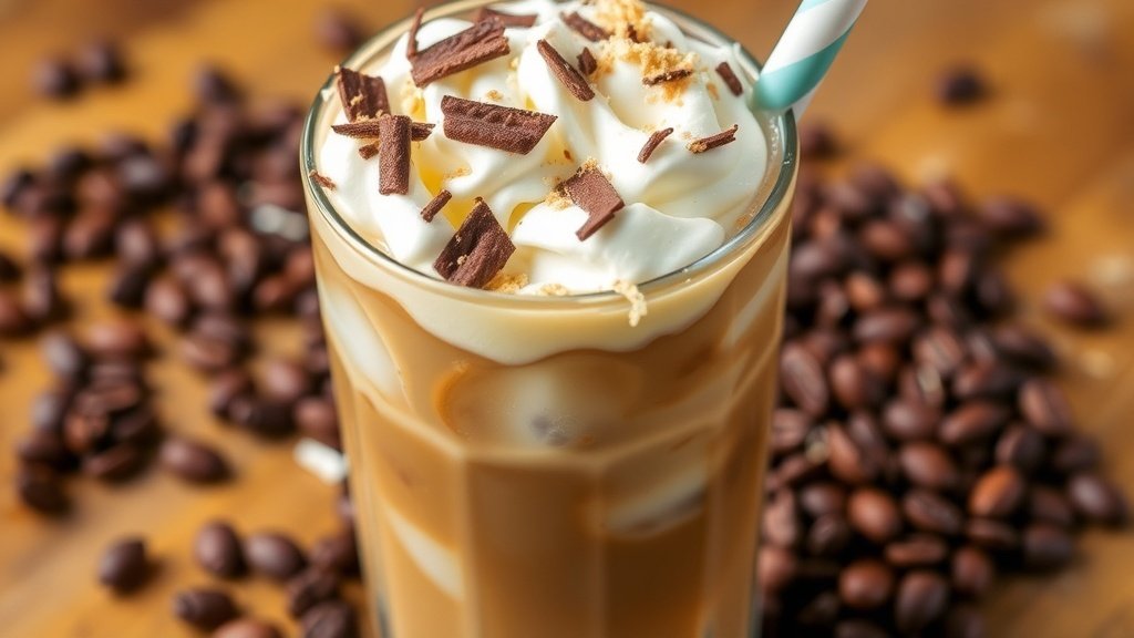 A refreshing glass of iced coffee with almond milk and coconut cream, garnished with chocolate shavings and coconut.