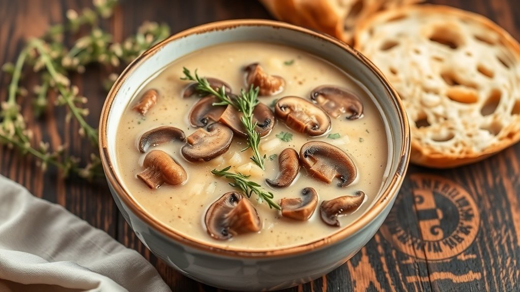 A bowl of creamy wild mushroom and thyme soup garnished with herbs, served with crusty bread on a rustic table.