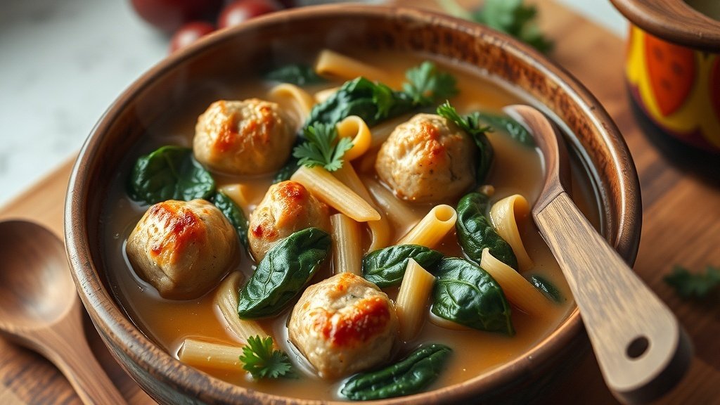 A bowl of chicken and orzo meatball soup with meatballs, orzo, spinach, and parsley on a rustic table.