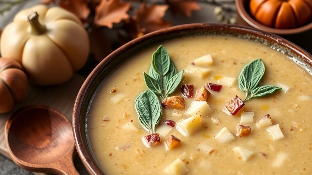A bowl of creamy Chestnut Apple and Sage Soup garnished with sage leaves, set in a cozy kitchen.