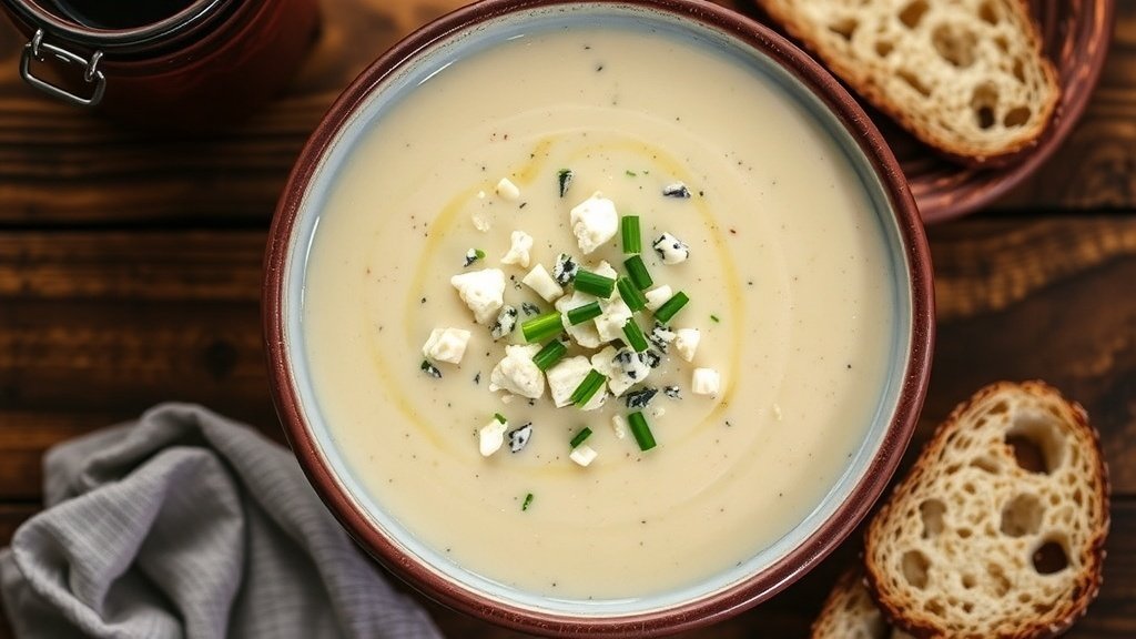 Creamy cauliflower and blue cheese soup in a rustic bowl, garnished with blue cheese and chives, alongside crusty bread.