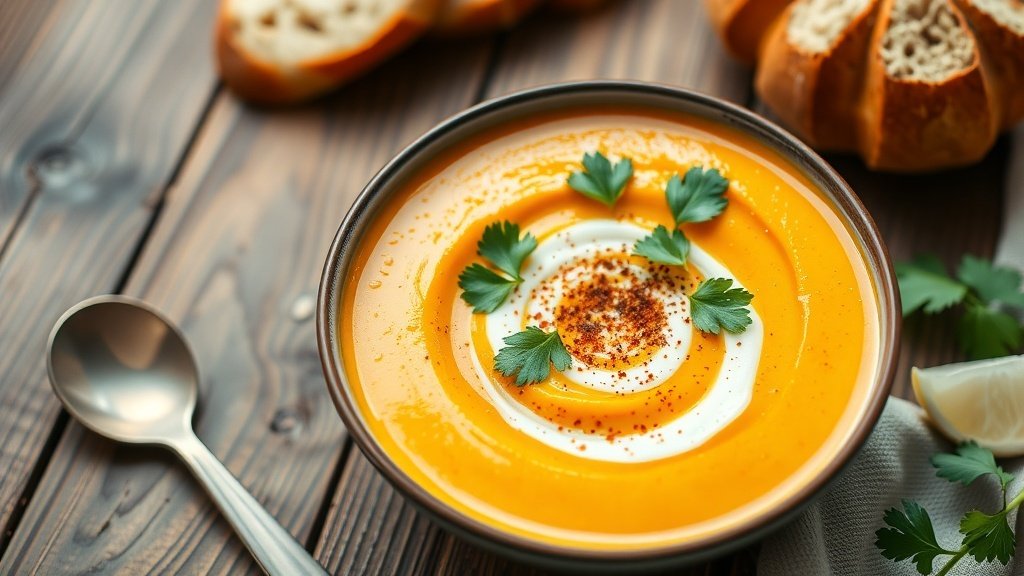 A bowl of spiced squash and coconut milk soup garnished with cilantro on a wooden table with bread.
