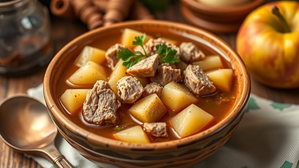 A bowl of rustic pork, potato, and apple soup with garnished parsley, served with a wooden spoon in a cozy kitchen.
