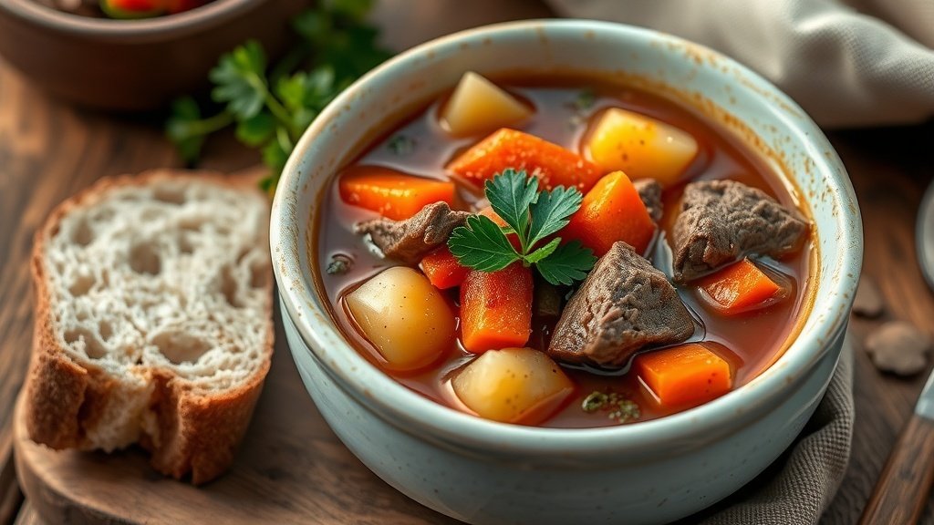 A hearty game stew soup with meat, carrots, and potatoes, garnished with parsley, served with crusty bread.
