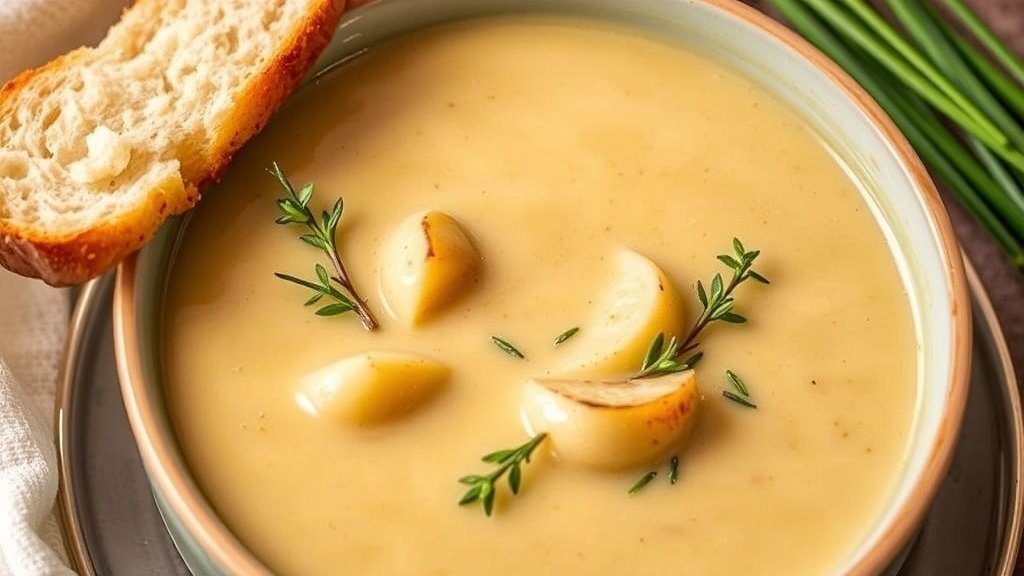 Creamy Roasted Garlic and Potato Soup with Thyme Recipe Creamy roasted garlic and potato soup in a bowl, garnished with thyme and chives, with bread on the side.