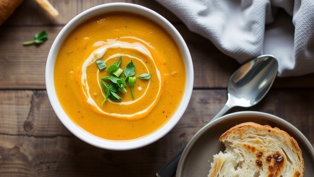 Creamy Maple Roasted Parsnip and Carrot Soup in a bowl, garnished with herbs, on a wooden table with bread.