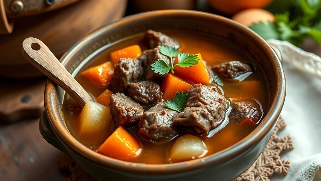 A hearty bowl of wild boar stew soup with meat, carrots, and potatoes, garnished with parsley, in a rustic kitchen.
