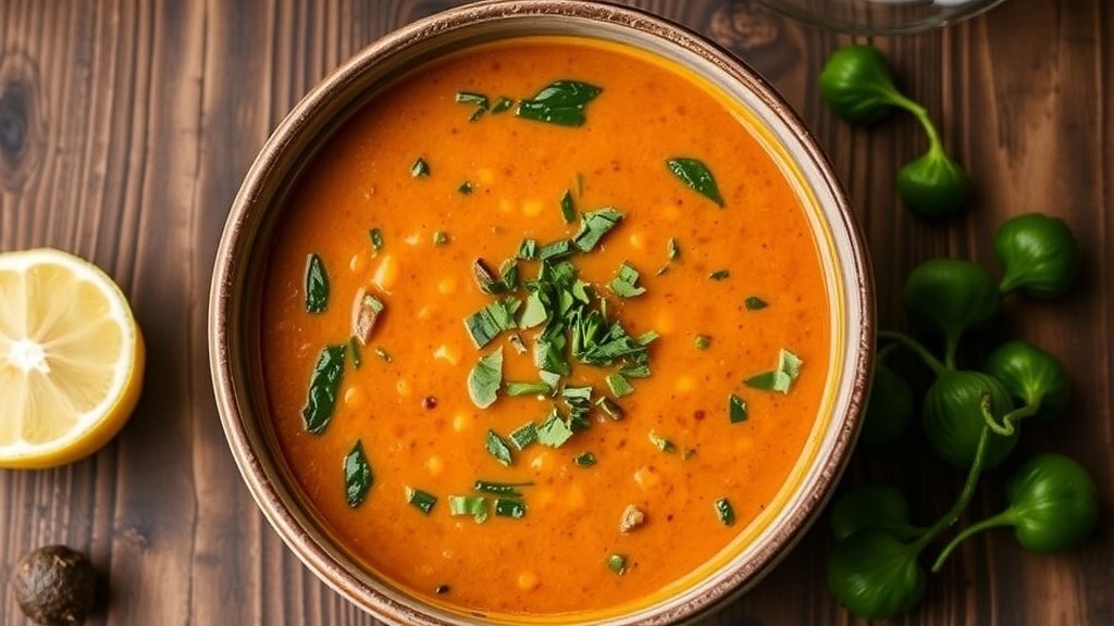 A bowl of curried red lentil and spinach soup garnished with herbs and a lemon wedge on a rustic table.