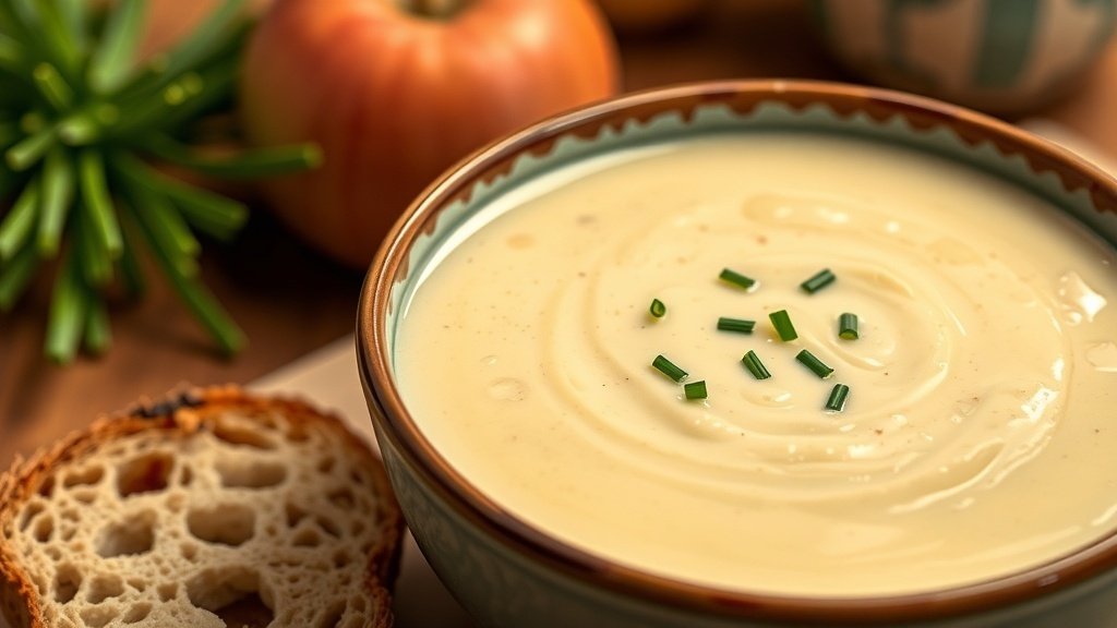 A creamy bowl of celery root and apple soup garnished with chives, accompanied by rustic bread.