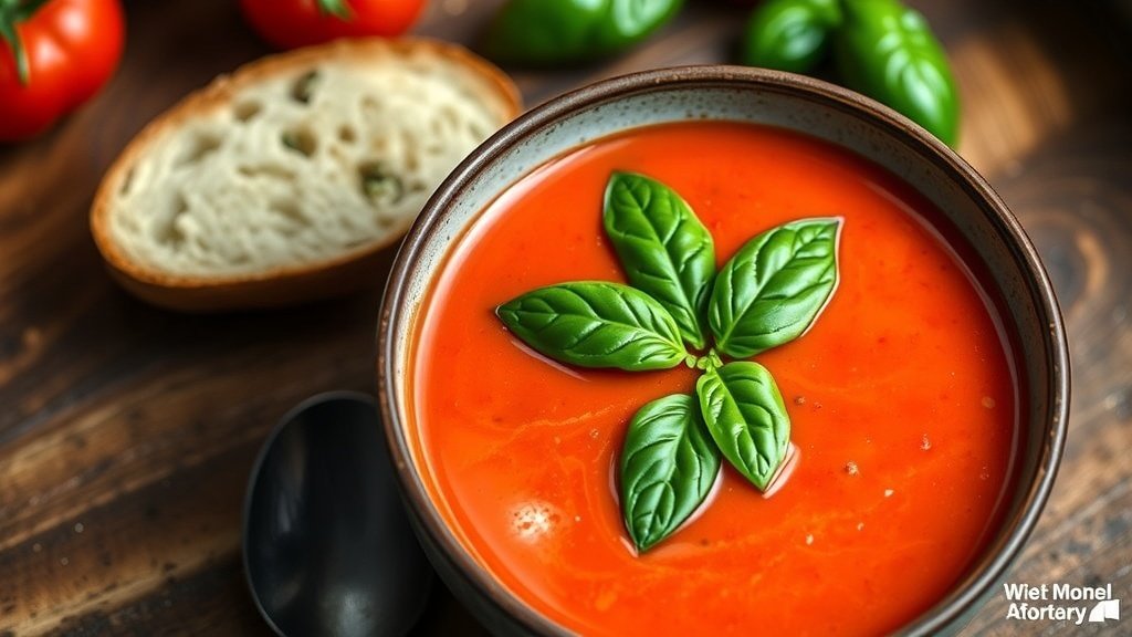A bowl of fire-roasted tomato and pepper bisque garnished with basil, accompanied by crusty bread on a wooden table.