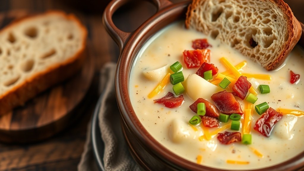 A bowl of creamy potato chowder with bacon and cheddar, garnished with green onions, alongside a slice of bread.