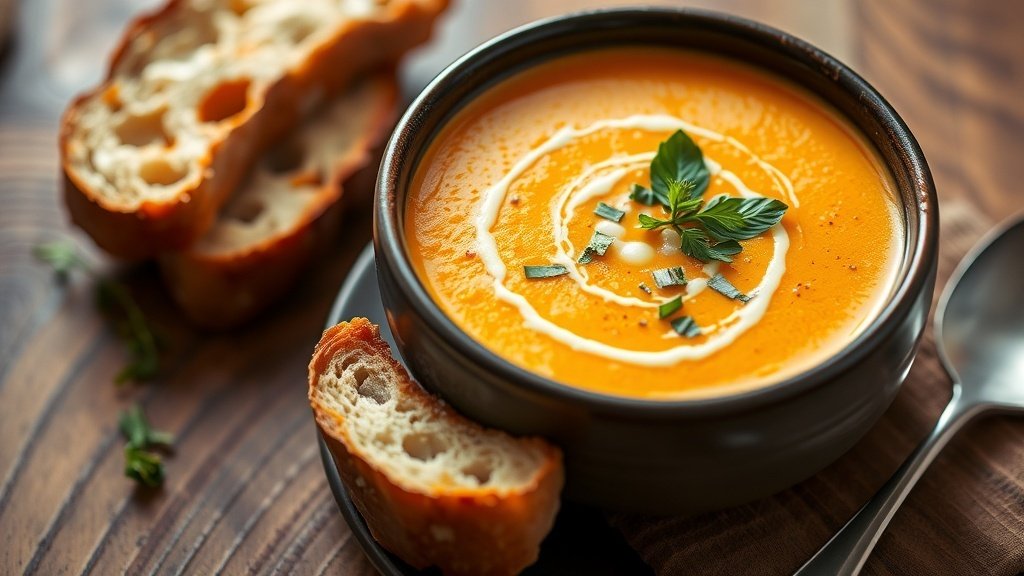 A bowl of creamy pumpkin soup with goat cheese, garnished with herbs, and a slice of bread on a wooden table.