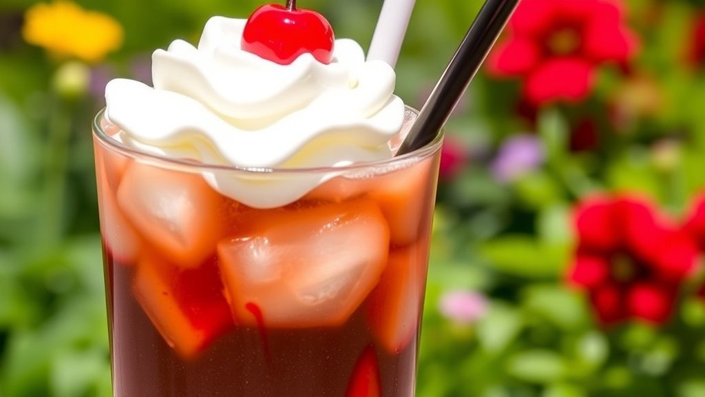 A glass of Cherry Mocha Iced Coffee Treat with whipped cream and cherry garnish, set in a sunny outdoor garden.