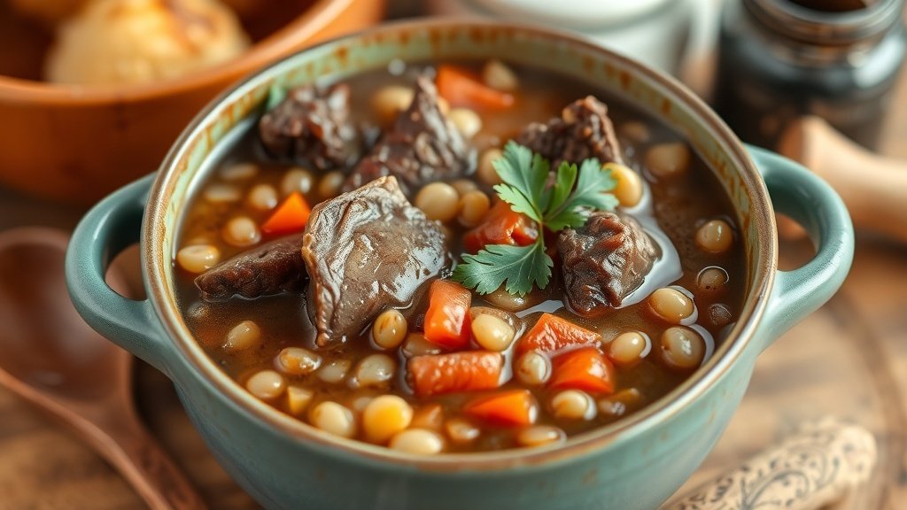 A bowl of hearty short rib and barley soup with beef, barley, and vegetables, garnished with parsley.