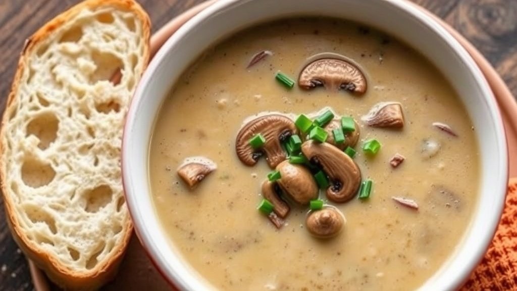 Creamy wild leek and mushroom soup in a bowl, garnished with chives, on a wooden table with bread.