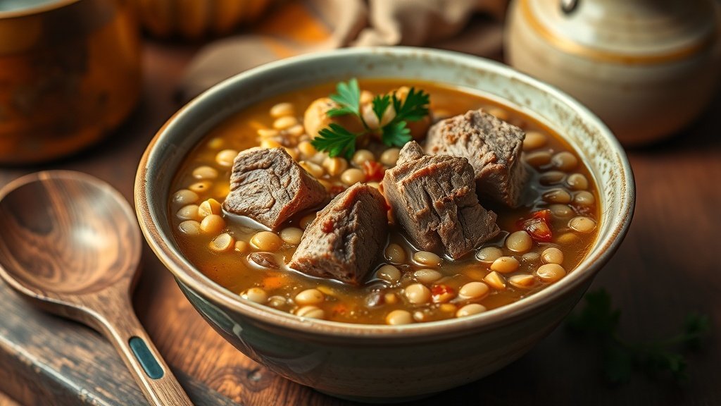 A hearty bowl of rustic duck and lentil soup garnished with parsley, served with a wooden spoon in a cozy kitchen.