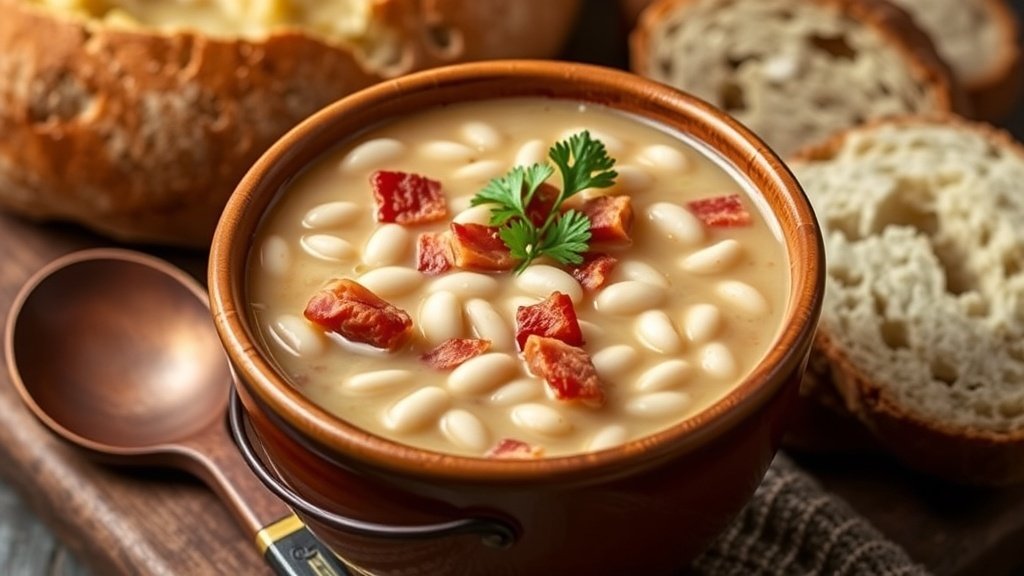 A bowl of white bean soup with Applewood bacon and parsley, served with crusty bread in a cozy kitchen.