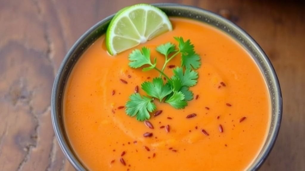 A bowl of Spicy Chipotle Sweet Potato Soup garnished with cilantro and lime, on a rustic wooden table.