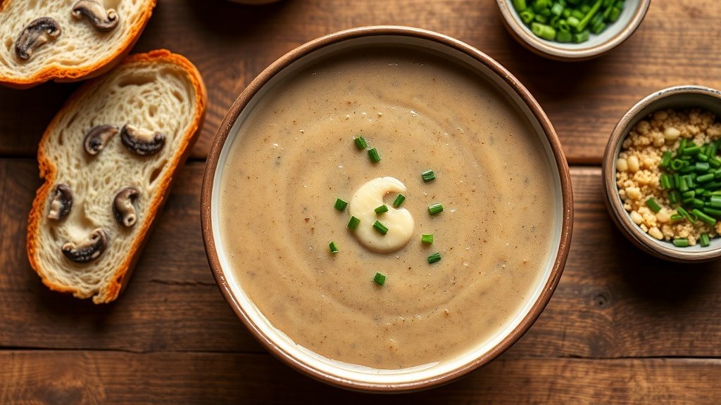 A bowl of roasted garlic and mushroom bisque garnished with chives, served with crusty bread on a rustic table.