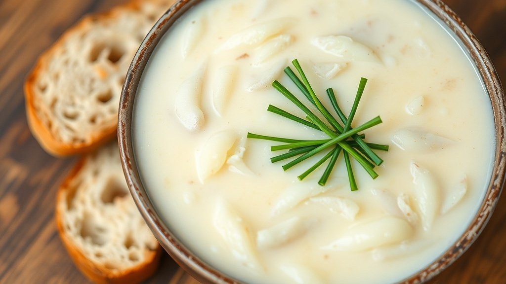 Creamy turnip and potato soup in a rustic bowl, garnished with chives, served with crusty bread.