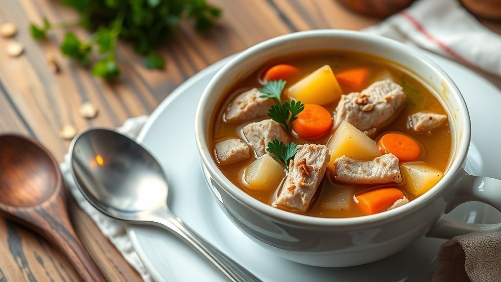 A hearty bowl of pork and sauerkraut soup with carrots and potatoes, garnished with parsley, on a rustic table.