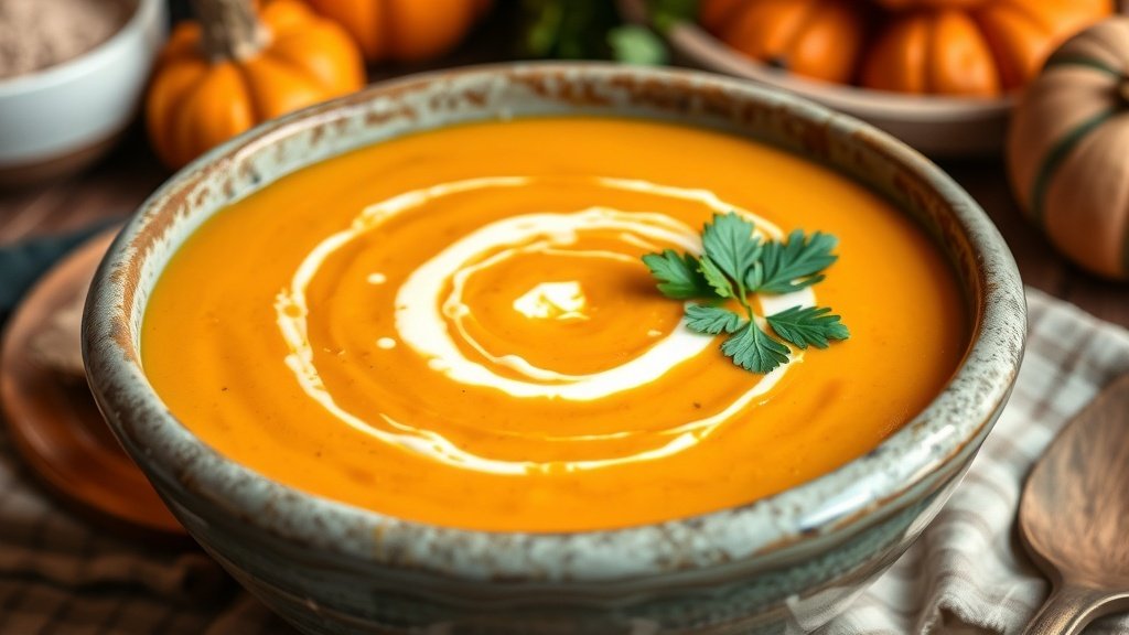 A bowl of roasted pumpkin and curry coconut soup garnished with cilantro, on a rustic table.