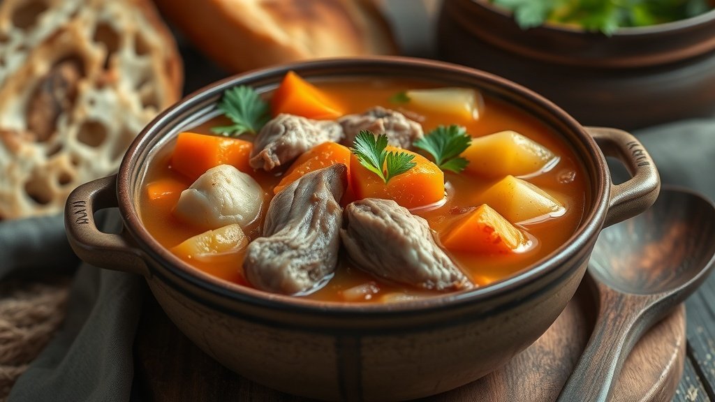 A bowl of rabbit stew soup with carrots and potatoes, garnished with parsley, on a rustic kitchen table with bread.
