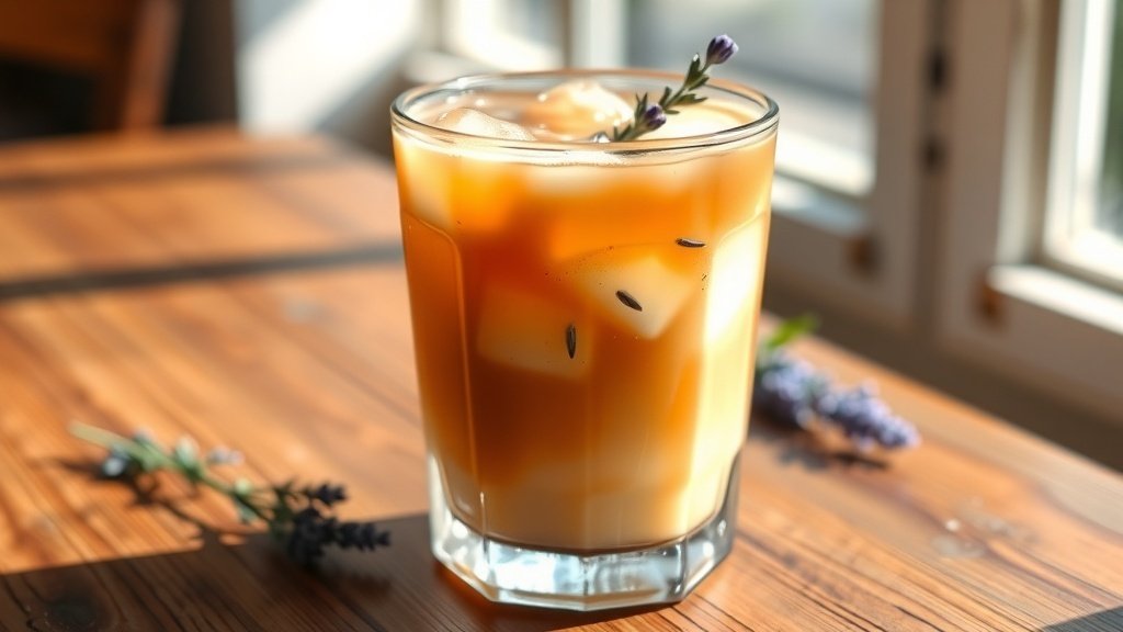 A glass of honey lavender iced coffee with ice and milk, garnished with lavender sprig on a wooden table.
