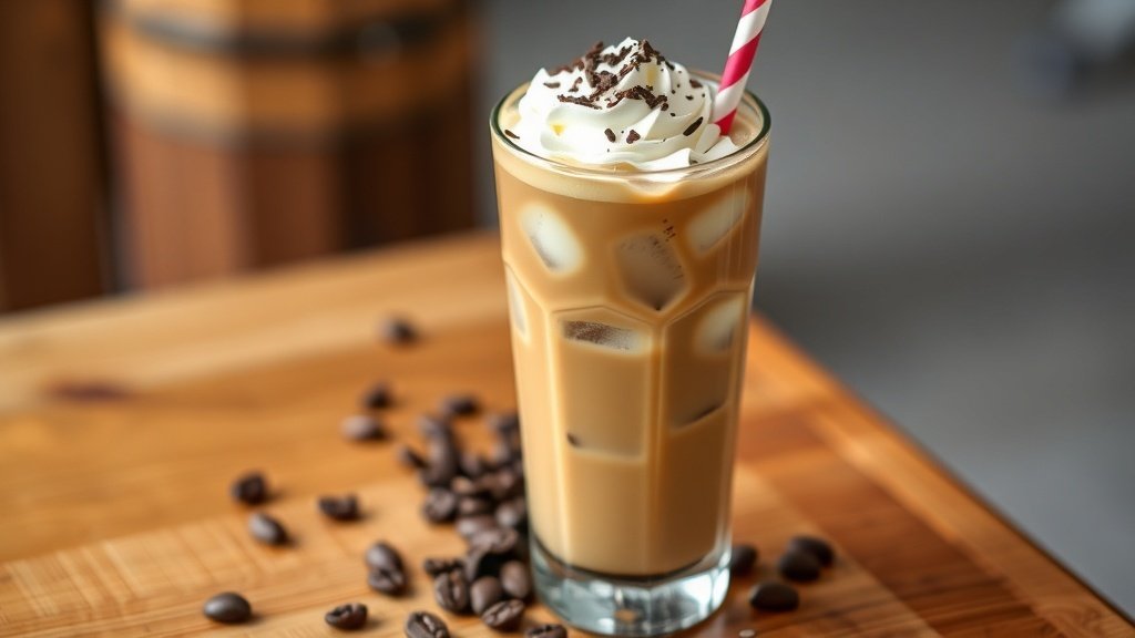 Refreshing vanilla iced coffee in a glass with whipped cream and chocolate shavings on a wooden table.
