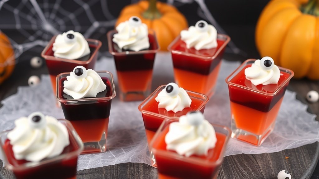 Coffin-shaped jello shots in black cherry and orange flavors, decorated for Halloween.