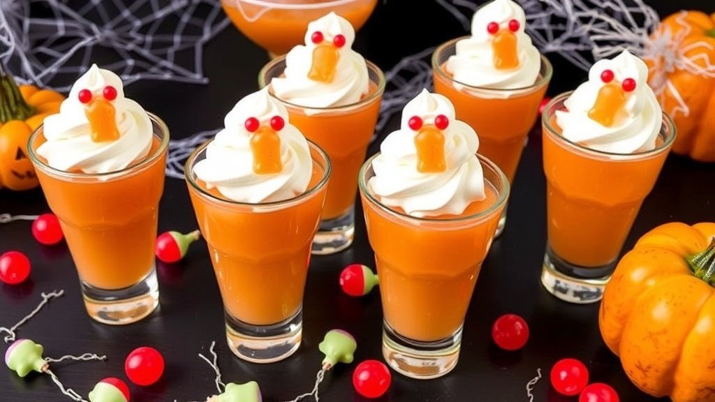 Spooky peach jello shots topped with whipped cream and gummy ghosts, set against a Halloween-themed backdrop.