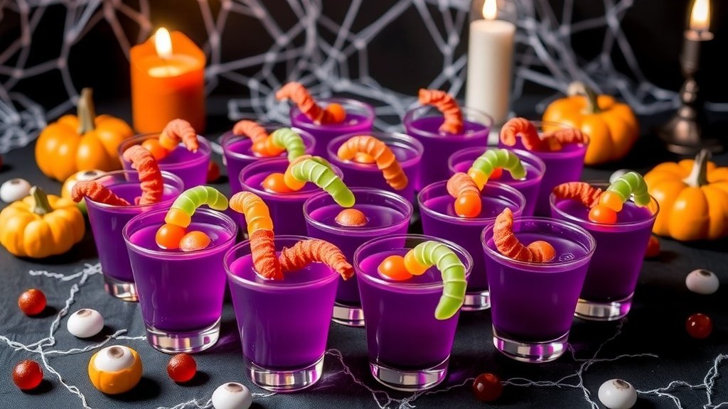 Grim Reaper Grape Shots with gummy worms and candy eyeballs on a Halloween-themed table.