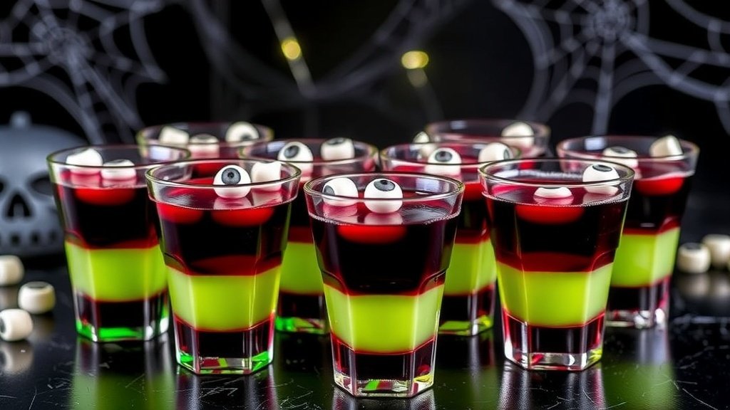 Colorful Halloween jello shots in shot glasses, layered with black cherry and lime gelatin, garnished with candy eyeballs.