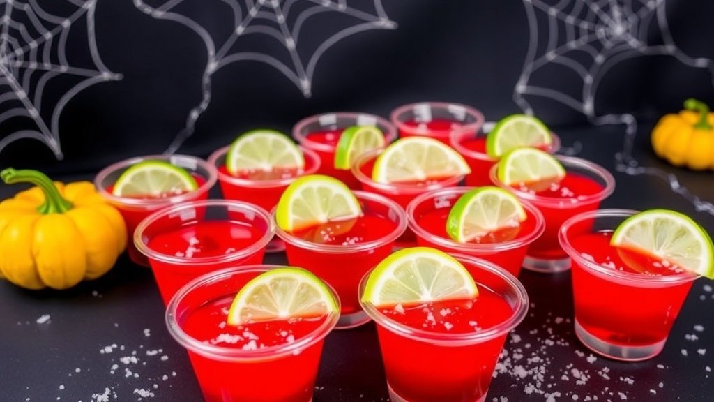 Blood Moon Margarita Jello Shots in clear cups, garnished with lime slices and salt, on a Halloween-themed table.