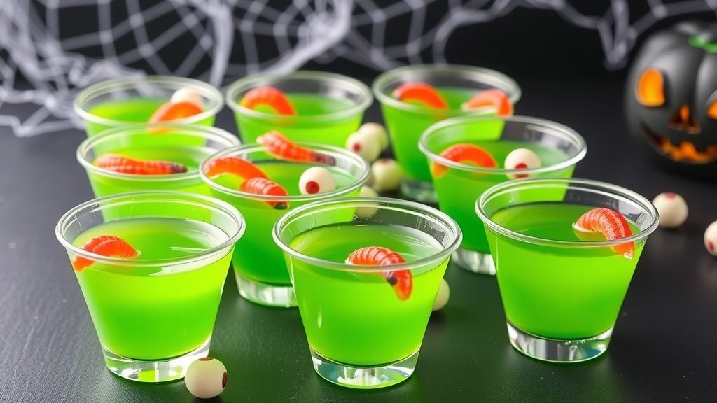 Green apple jello shots in cups with gummy worms and candy eyeballs, set in a Halloween-themed background.